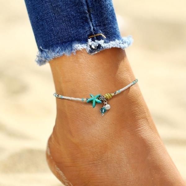 Stjärna och Snäcka Anklet Armband med Naturliga Stenar