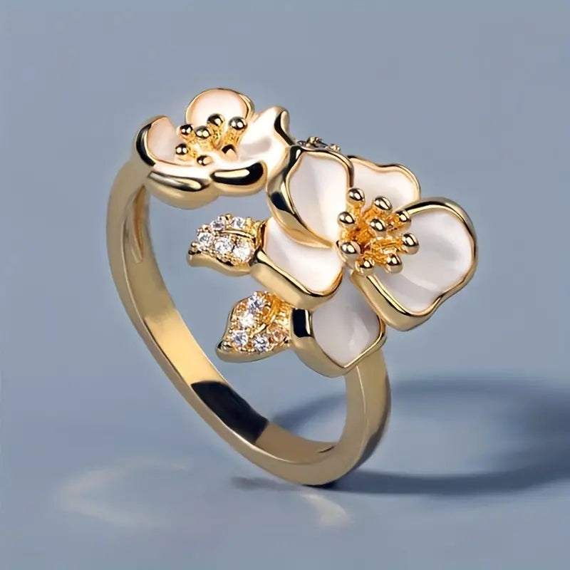 Vintage Vit Emalj Blomma Guld Ring