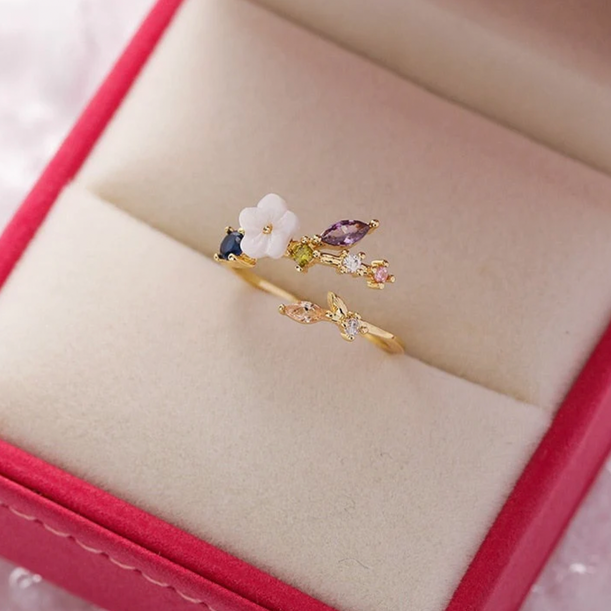 Wilde Blume mit Buntem Zirkonia Verstellbarem Ring in Gold