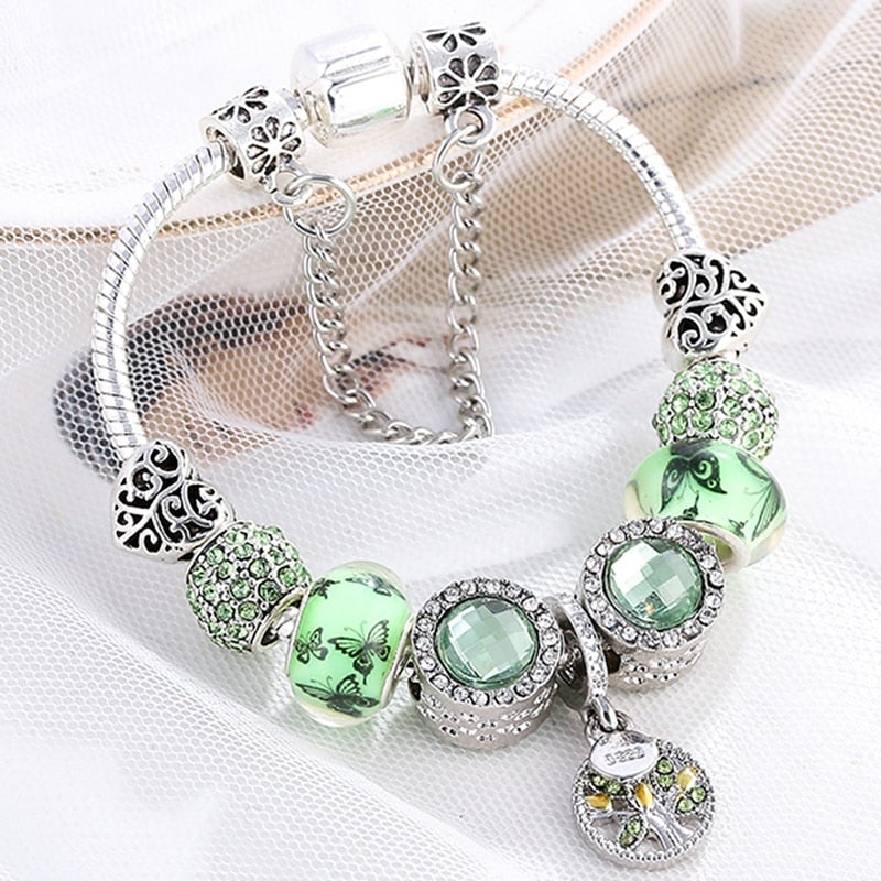 Armband i Sterlingsilver och Grön Kristall