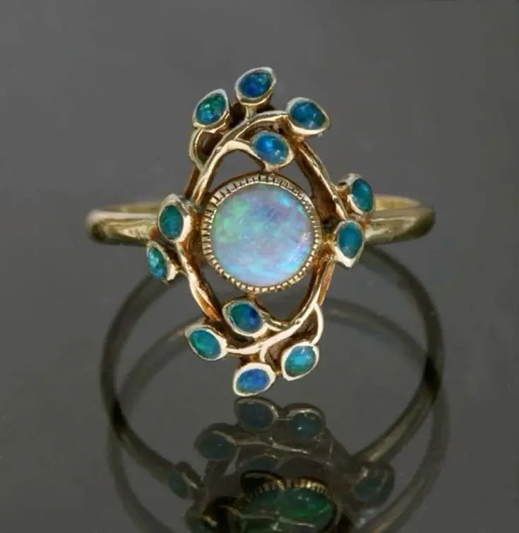 Blå Ring Vintage Kristaller och Opal