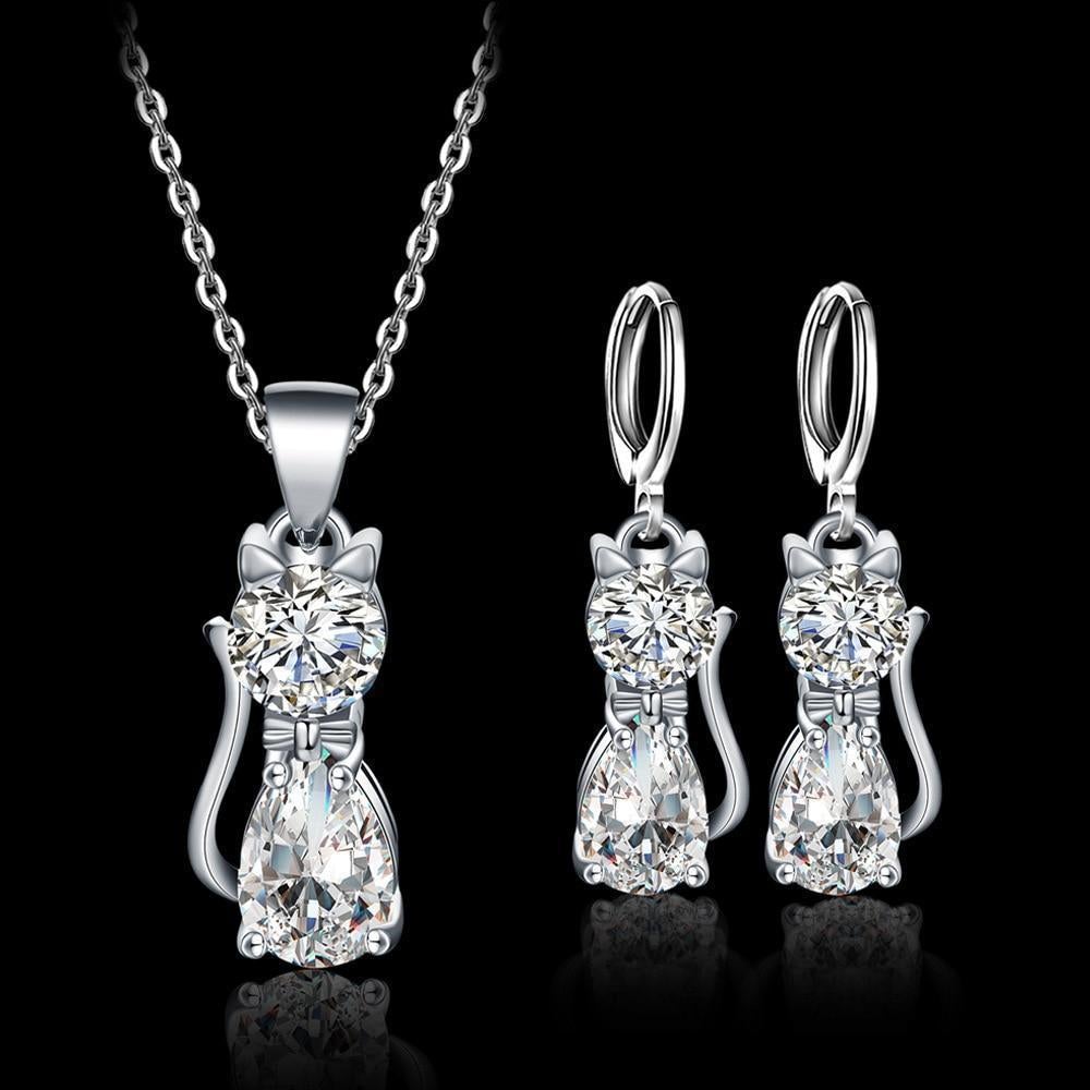 Set Halsband + Örhängen Glada Katter i Sterlingsilver och Polerat Vitt Zirkonium